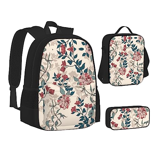 FRGMNT Fall Country Barn Rucksack Schule Büchertaschen Set Lunchtasche Federmäppchen Schulrucksäcke für Teen Mädchen Jungen, Rosa Blumen und Blätter, Einheitsgröße, Schulrucksack von FRGMNT