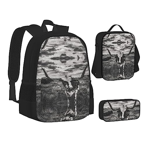 FRGMNT Fall Country Barn Rucksack Schule Büchertaschen Set Lunchtasche Federmäppchen Schulrucksäcke für Teen Mädchen Jungen, Schwarz-weiße Kuh, Einheitsgröße, Schulrucksack von FRGMNT