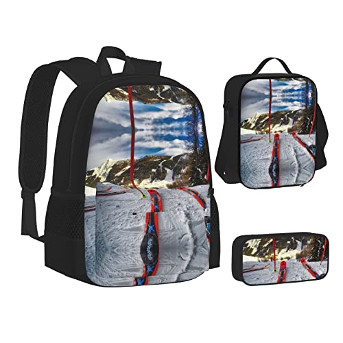 FRGMNT Fall Country Barn Rucksack Schule Büchertaschen Set Lunchtasche Federmäppchen Schulrucksäcke für Teen Mädchen Jungen, Skifahren im Winter, Einheitsgröße, Schulrucksack von FRGMNT