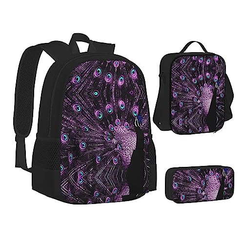 FRGMNT Flugzeug auf See Rucksack Schule Büchertaschen Set Lunchtasche Federmäppchen Schulrucksäcke für Teen Mädchen Jungen, Lila Pfau, Einheitsgröße, Schulrucksack von FRGMNT