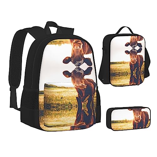 FRGMNT Goldene Sonnenblume Rucksack Schule Büchertaschen Set Lunchtasche Federmäppchen Schulrucksäcke für Teen Mädchen Jungen, Tierkuh, Einheitsgröße, Schulrucksack von FRGMNT