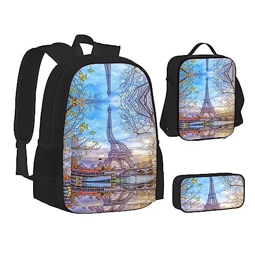 FRGMNT Goldene Sonnenblume Rucksack Schule Büchertaschen Set Lunchtasche Federmäppchen Schulrucksäcke für Teen Mädchen Jungen, eifelturm-design, Einheitsgröße, Schulrucksack von FRGMNT