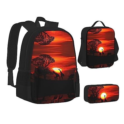 FRGMNT Grüne Blätter Rucksack Schule Büchertaschen Set Lunchtasche Federmäppchen Schulrucksäcke für Teen Mädchen Jungen, Giraffe, Sonnenuntergang, Einheitsgröße, Schulrucksack von FRGMNT