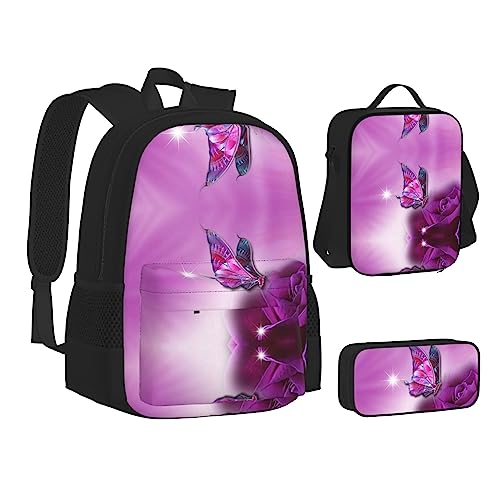 FRGMNT Grüne Blätter Rucksack Schule Büchertaschen Set Lunchtasche Federmäppchen Schulrucksäcke für Teen Mädchen Jungen, rosa Schmetterling (Pink Butterfly), Einheitsgröße, Schulrucksack von FRGMNT