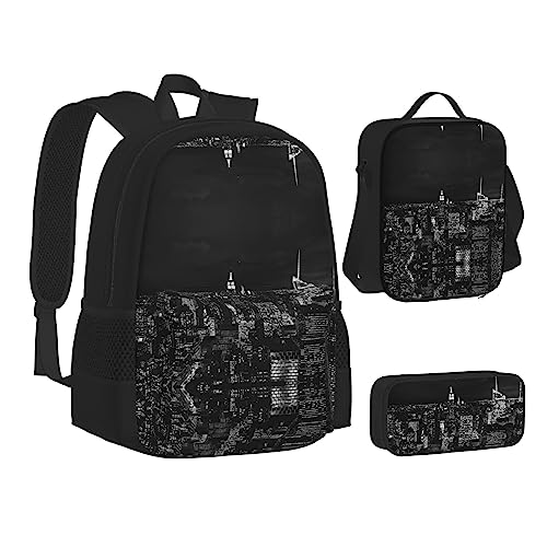 FRGMNT Hellblau Grau Rucksack Schule Büchertaschen Set Lunchtasche Federmäppchen Schulrucksäcke für Teen Mädchen Jungen, New York Night Sky, Einheitsgröße, Schulrucksack von FRGMNT