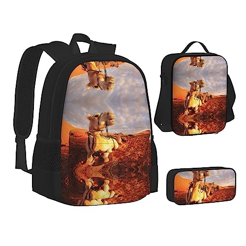 FRGMNT Herbstlandschaft Hintergrund Rucksack Schule Büchertaschen Set Lunchtasche Federmäppchen Schulrucksäcke für Teenager Mädchen Jungen, Camels Rest Desert, Einheitsgröße, Schulrucksack von FRGMNT