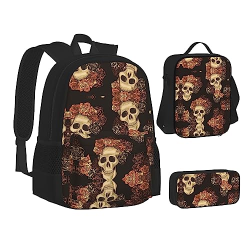 FRGMNT Herbstlandschaft Hintergrund Rucksack Schule Büchertaschen Set Lunchtasche Federmäppchen Schulrucksäcke für Teenager Mädchen Jungen, Rose Skull, Einheitsgröße, Schulrucksack von FRGMNT