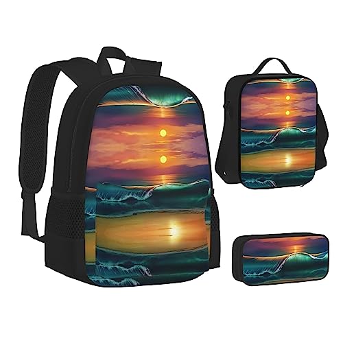 FRGMNT Herbstlandschaft Hintergrund Rucksack Schule Büchertaschen Set Lunchtasche Federmäppchen Schulrucksäcke für Teenager Mädchen Jungen, Sonnenuntergang Meer, Einheitsgröße, Schulrucksack von FRGMNT