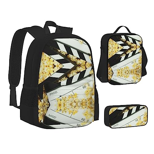 FRGMNT Leopard Rucksack Schule Büchertaschen Set Lunchtasche Federmäppchen Schulrucksäcke für Teen Mädchen Jungen, Cinema Movie Clapboard and Popcorn, Einheitsgröße, Schulrucksack von FRGMNT