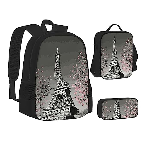 FRGMNT Leopard Rucksack Schule Büchertaschen Set Lunchtasche Federmäppchen Schulrucksäcke für Teen Mädchen Jungen, Paris Eiffelturm, Einheitsgröße, Schulrucksack von FRGMNT