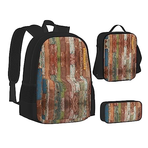 FRGMNT Mond und Basketball Rucksack Schule Büchertaschen Set Lunchtasche Federmäppchen Schulrucksäcke für Teen Mädchen Jungen, Dielen verwittert alte Optik, Einheitsgröße, Schulrucksack von FRGMNT