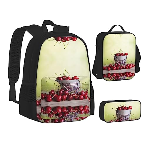 FRGMNT Mond und Basketball Rucksack Schule Büchertaschen Set Lunchtasche Federmäppchen Schulrucksäcke für Teen Mädchen Jungen, Eimer mit Kirschen, Einheitsgröße, Schulrucksack von FRGMNT