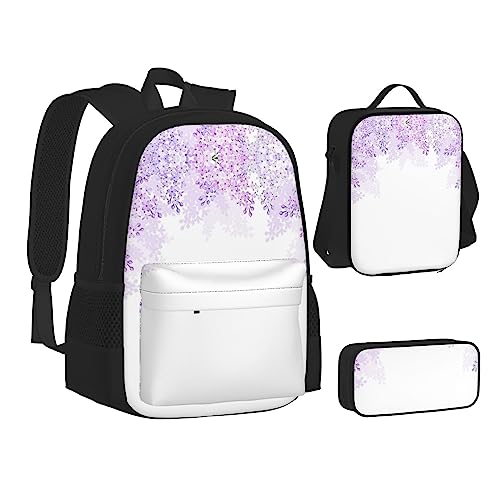 FRGMNT Mond und Basketball Rucksack Schule Büchertaschen Set Lunchtasche Federmäppchen Schulrucksäcke für Teen Mädchen Jungen, Einrahmende lila Blumen in Blüten, Einheitsgröße, Schulrucksack von FRGMNT