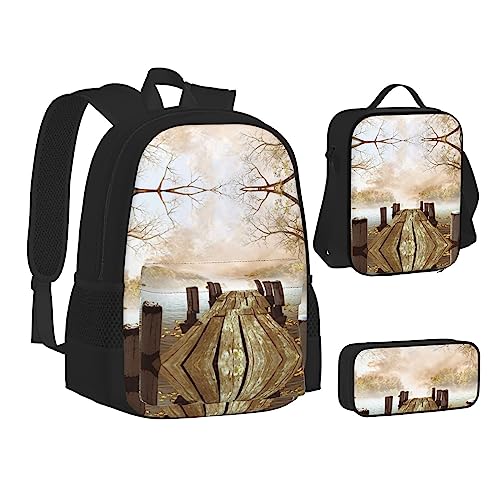 FRGMNT Mond und Basketball Rucksack Schule Büchertaschen Set Lunchtasche Federmäppchen Schulrucksäcke für Teen Mädchen Jungen, Holzsteg mit gefallenen Blättern, Einheitsgröße, Schulrucksack von FRGMNT