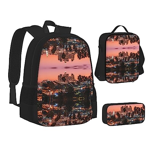 FRGMNT Mond und Basketball Rucksack Schule Büchertaschen Set Lunchtasche Federmäppchen Schulrucksäcke für Teen Mädchen Jungen, Los Angeles Palmen, Einheitsgröße, Schulrucksack von FRGMNT