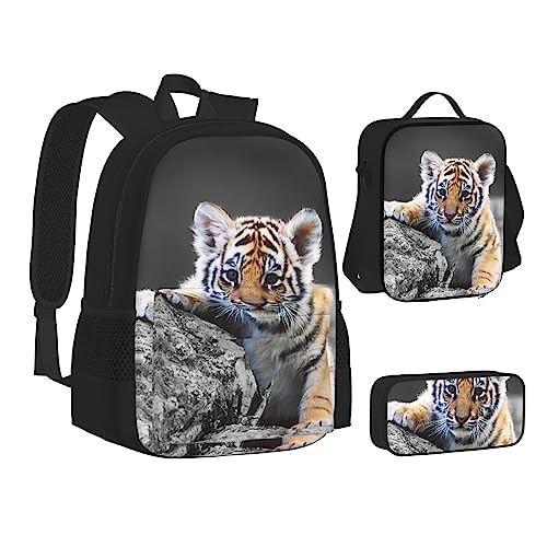 FRGMNT Mond und Basketball Rucksack Schule Büchertaschen Set Lunchtasche Federmäppchen Schulrucksäcke für Teen Mädchen Jungen, Süßes Tigerbaby, Einheitsgröße, Schulrucksack von FRGMNT