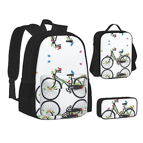 FRGMNT Mond- und Basketball-Rucksack, Schulbüchertaschen-Set, Lunch-Tasche, Federmäppchen, Schulrucksäcke für Teenager, Mädchen, Jungen, Vögel Blumen auf Fahrrädern, Einheitsgröße, Schulrucksack von FRGMNT