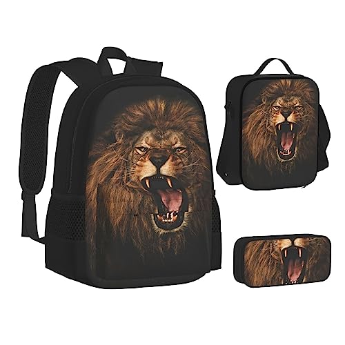 FRGMNT Natur Grün Big Tree Rucksack Schule Büchertaschen Set Lunchtasche Federmäppchen Schulrucksäcke für Teenager Mädchen Jungen, Angry Roaring Lion, Einheitsgröße, Schulrucksack von FRGMNT