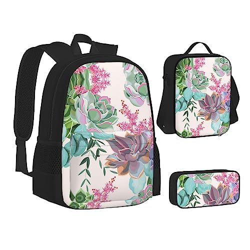 FRGMNT Natur Grün Big Tree Rucksack Schule Büchertaschen Set Lunchtasche Federmäppchen Schulrucksäcke für Teenager Mädchen Jungen, Bunte Sukkulente., Einheitsgröße, Schulrucksack von FRGMNT