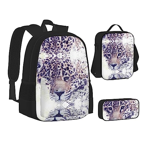 FRGMNT Natur Grün Big Tree Rucksack Schule Büchertaschen Set Lunchtasche Federmäppchen Schulrucksäcke für Teenager Mädchen Jungen, Leopardenmuster, Einheitsgröße, Schulrucksack von FRGMNT