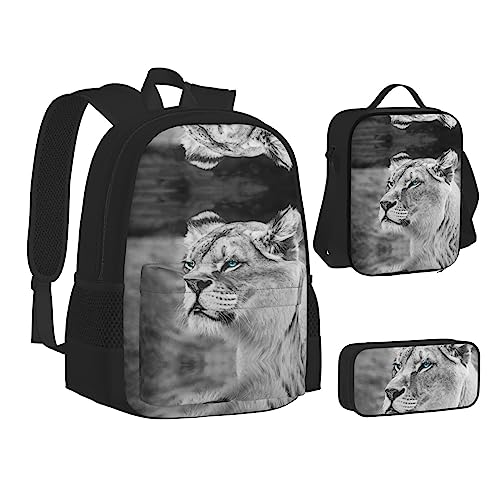 FRGMNT Natur Grün Big Tree Rucksack Schule Büchertaschen Set Lunchtasche Federmäppchen Schulrucksäcke für Teenager Mädchen Jungen, Löwe mit blau-grünen Augen, Einheitsgröße, Schulrucksack von FRGMNT