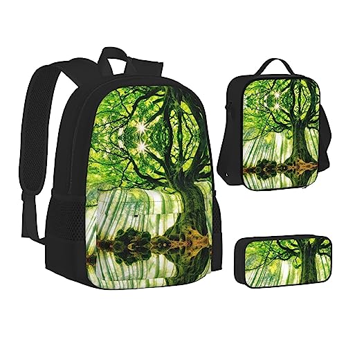 FRGMNT Natur Grün Big Tree Rucksack Schule Büchertaschen Set Lunchtasche Federmäppchen Schulrucksäcke für Teenager Mädchen Jungen, Nature Green Big Tree, Einheitsgröße, Schulrucksack von FRGMNT