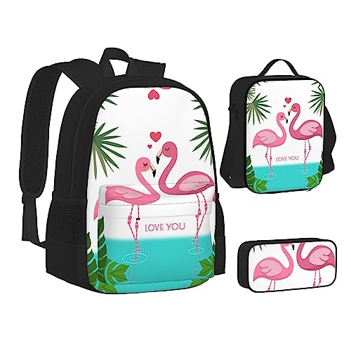 FRGMNT Natur Grün Big Tree Rucksack Schule Büchertaschen Set Lunchtasche Federmäppchen Schulrucksäcke für Teenager Mädchen Jungen, Palmblatt und Flamingos Paar, Einheitsgröße, Schulrucksack von FRGMNT