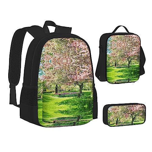 FRGMNT Natur Grün Big Tree Rucksack Schule Büchertaschen Set Lunchtasche Federmäppchen Schulrucksäcke für Teenager Mädchen Jungen, Rosa Blumen auf dem Baum, Einheitsgröße, Schulrucksack von FRGMNT