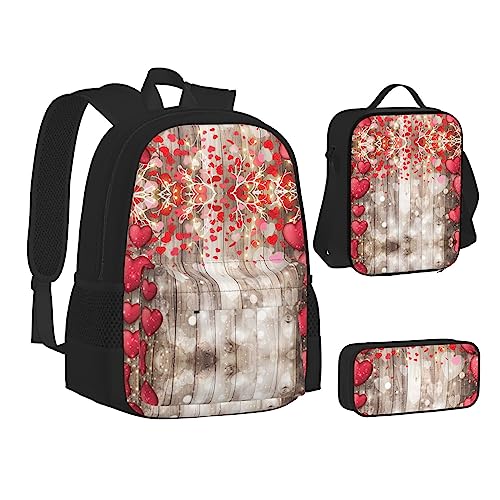 FRGMNT Natur Grün Big Tree Rucksack Schule Büchertaschen Set Lunchtasche Federmäppchen Schulrucksäcke für Teenager Mädchen Jungen, Rote Liebesherz, Einheitsgröße, Schulrucksack von FRGMNT