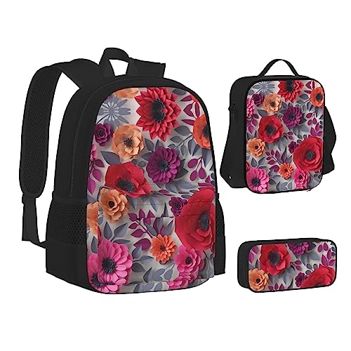 FRGMNT Nature Green Big Tree Rucksack Schule Büchertaschen Set Mittagessen Tasche Federmäppchen Schulrucksäcke für Teenager Mädchen Jungen, Rote und rosa Blumen, Einheitsgröße, Schulrucksack von FRGMNT