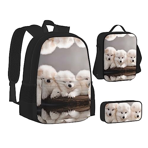 FRGMNT Natur Zeder Rucksack Schule Büchertaschen Set Lunchtasche Federmäppchen Schulrucksäcke für Teen Mädchen Jungen, Kleine weiße Hunde, Einheitsgröße, Schulrucksack von FRGMNT