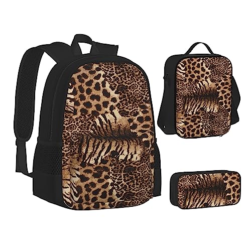 FRGMNT Natur Zeder Rucksack Schule Büchertaschen Set Lunchtasche Federmäppchen Schulrucksäcke für Teen Mädchen Jungen, Leopardenmuster, Einheitsgröße, Schulrucksack von FRGMNT