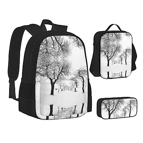 FRGMNT Niedlicher Gänse-Rucksack Schulbüchertaschen Set Lunchtasche Federmäppchen Schulrucksäcke für Teenager Mädchen Jungen, Baum schwarz und weiß, Einheitsgröße, Schulrucksack von FRGMNT