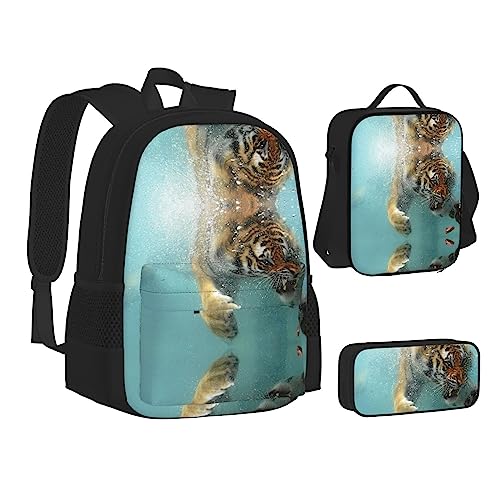 FRGMNT Niedlicher Gänse-Rucksack Schulbüchertaschen Set Lunchtasche Federmäppchen Schulrucksäcke für Teenager Mädchen Jungen, Tiger Schwimmen, Einheitsgröße, Schulrucksack von FRGMNT