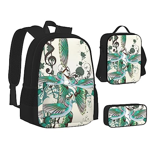 FRGMNT Niedlicher Koala Rucksack Schule Büchertaschen Set Lunchtasche Federmäppchen Schulrucksäcke für Teenager Mädchen Jungen, Musiknoten mit Vögeln, Blaugrün, Einheitsgröße, Schulrucksack von FRGMNT