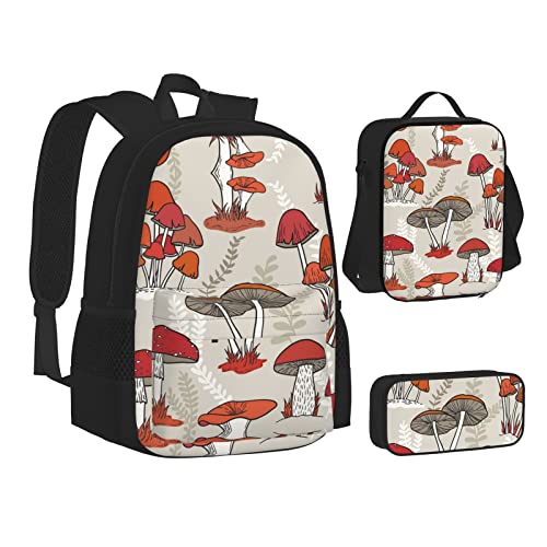 FRGMNT Niedlicher Koala Rucksack Schule Büchertaschen Set Lunchtasche Federmäppchen Schulrucksäcke für Teenager Mädchen Jungen, Rote Pilze, Einheitsgröße, Schulrucksack von FRGMNT