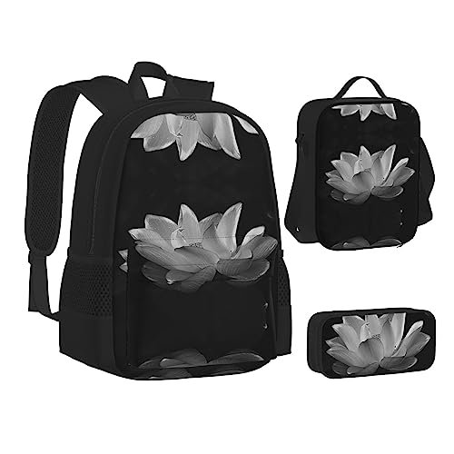 FRGMNT Niedlicher Koala Rucksack Schule Büchertaschen Set Lunchtasche Federmäppchen Schulrucksäcke für Teenager Mädchen Jungen, Schwarze weiße Blume, Einheitsgröße, Schulrucksack von FRGMNT