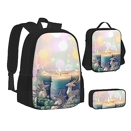 FRGMNT Paradise Strand mit Hängematte Kokos Palmen Rucksack Schule Büchertaschen Set Lunchtasche Federmäppchen Schulrucksäcke für Teen Mädchen Jungen, Kerze mit Aufschrift "Merry Christmas", Einheitsgröße, Schulrucksack von FRGMNT