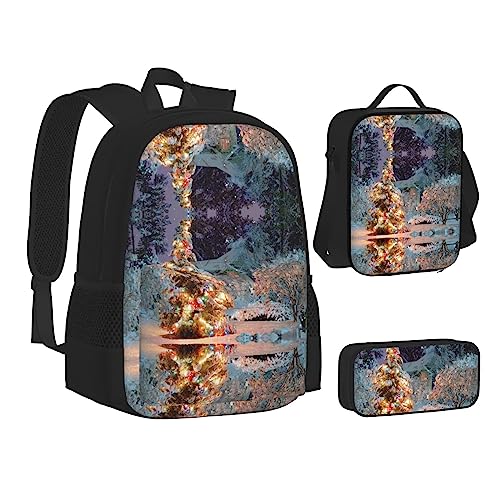 FRGMNT Paradise Strand mit Hängematte Kokos Palmen Rucksack Schule Büchertaschen Set Lunchtasche Federmäppchen Schulrucksäcke für Teen Mädchen Jungen, Weihnachtsbaum Schnee, Einheitsgröße, Schulrucksack von FRGMNT