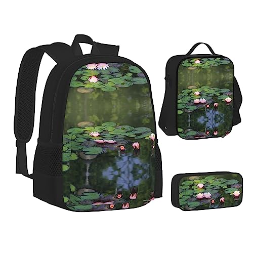 FRGMNT Paradise Strand mit Hängematte Kokos Palmen Rucksack Schule Büchertaschen Set Lunchtasche Federmäppchen Schulrucksäcke für Teen Mädchen Jungen, Wunderschöner Lotusblumenfluß, Einheitsgröße, Schulrucksack von FRGMNT