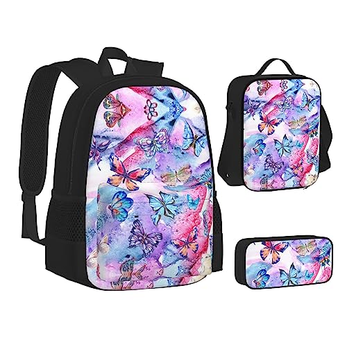 FRGMNT Rosa Mond Elefant Rucksack Schule Büchertaschen Set Lunchtasche Federmäppchen Schulrucksäcke für Teen Mädchen Jungen, Schmetterling, Einheitsgröße, Schulrucksack von FRGMNT