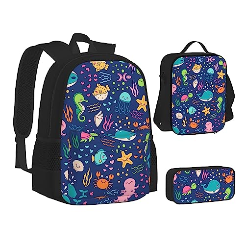 FRGMNT Rosa Weiß Gold Blumen Rucksack Schule Büchertaschen Set Lunchtasche Federmäppchen Schulrucksack für Teenager Mädchen Jungen, Cartoon Seefisch, Einheitsgröße, Schulrucksack von FRGMNT