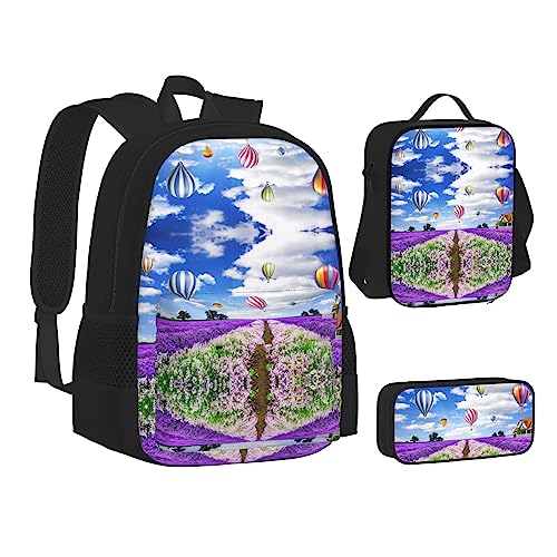 FRGMNT Rosa Weiß Gold Blumen Rucksack Schule Büchertaschen Set Lunchtasche Federmäppchen Schulrucksack für Teenager Mädchen Jungen, Lavendel Heißluftballon, Einheitsgröße, Schulrucksack von FRGMNT