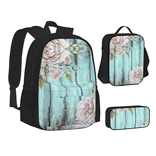 FRGMNT Rosa Weiß Gold Blumen Rucksack Schule Büchertaschen Set Lunchtasche Federmäppchen Schulrucksack für Teenager Mädchen Jungen, Scheunentür, Blumendesign, Türkis, Einheitsgröße, Schulrucksack von FRGMNT