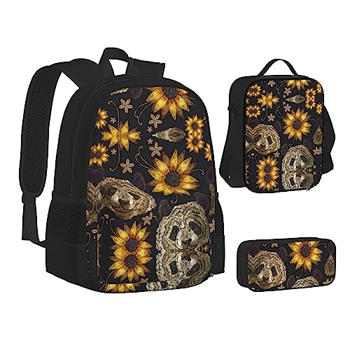 FRGMNT Rosa Weiß Gold Blumen Rucksack Schule Büchertaschen Set Lunchtasche Federmäppchen Schulrucksack für Teenager Mädchen Jungen, Süße Panda-Sonnenblume, Einheitsgröße, Schulrucksack von FRGMNT