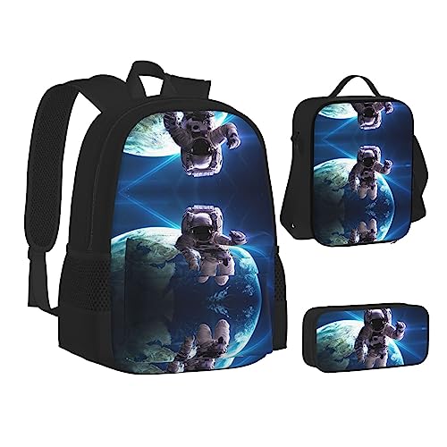 FRGMNT Rosa und Schwarz Flamingos Rucksack Schule Büchertaschen Set Lunchtasche Federmäppchen Schulrucksäcke für Teenager Mädchen Jungen, Astronaut, Einheitsgröße, Schulrucksack von FRGMNT