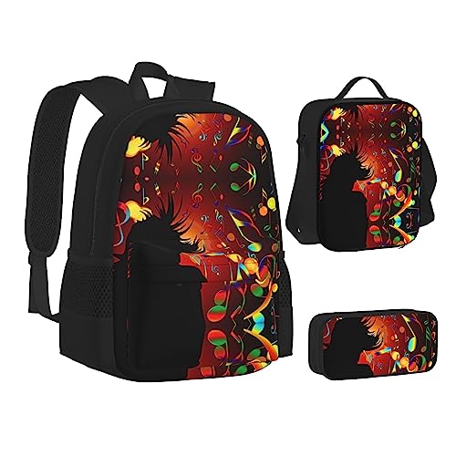 FRGMNT Rosa und Schwarz Flamingos Rucksack Schule Büchertaschen Set Lunchtasche Federmäppchen Schulrucksäcke für Teenager Mädchen Jungen, Tanzmusik, Einheitsgröße, Schulrucksack von FRGMNT