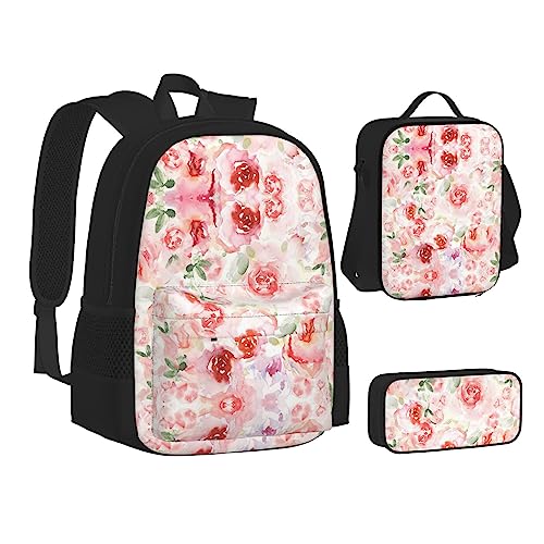 FRGMNT Rot Schwarz Karo Plaid Muster Rucksack Schule Büchertaschen Set Lunchtasche Federmäppchen Schulrucksäcke für Teenager Mädchen Jungen, Blumenrose, Einheitsgröße, Schulrucksack von FRGMNT