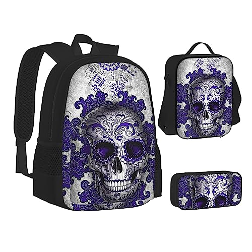 FRGMNT Rot Schwarz Karo Plaid Muster Rucksack Schule Büchertaschen Set Lunchtasche Federmäppchen Schulrucksäcke für Teenager Mädchen Jungen, Lila Floser und Sugar Horror Skull, Einheitsgröße, Schulrucksack von FRGMNT