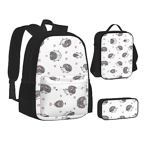 FRGMNT Rucksack mit rot-schwarzem Karomuster, Schulbücher-Set, Lunch-Tasche, Federmäppchen, Schulrucksäcke für Teenager, Mädchen, Jungen, Niedliches Igelherz, Einheitsgröße, Schulrucksack von FRGMNT